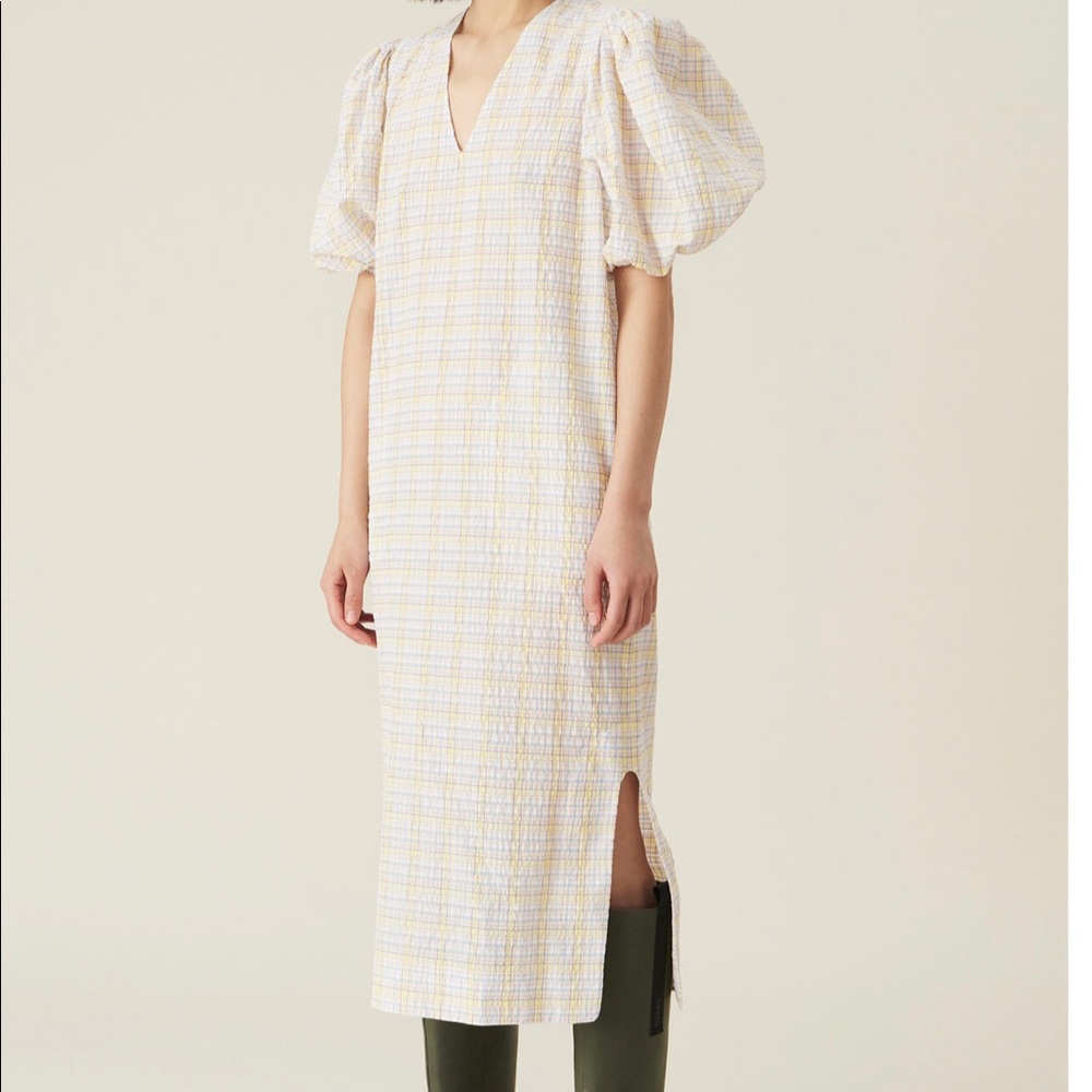 GANNI SEERSUCKER CHECK MIDI DRESS •puff sleeves• 2 pockets EU 38. V neck